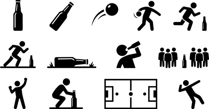Flunkyball Outdoor Drinking Game Silhouette Icon Set &ndash; Beer Bottle Toss, Party Game and Festival Symbols