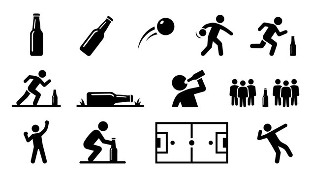 Flunkyball Outdoor Drinking Game Silhouette Icon Set &ndash; Beer Bottle Toss, Party Game and Festival Symbols