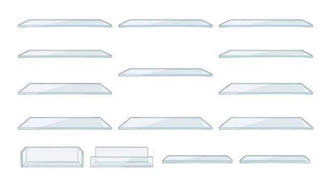 Set of transparent glass shelf icons in different shapes
