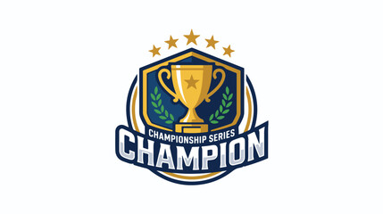 Fototapeta premium Champion sports logo featuring a gold trophy with three stars on a blue and gold shield with laurel leaves