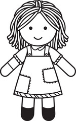 Fototapeta premium A simple black and white illustration of a rag doll with yarn hair, a stitched apron, and patch details, standing with a cheerful expression.