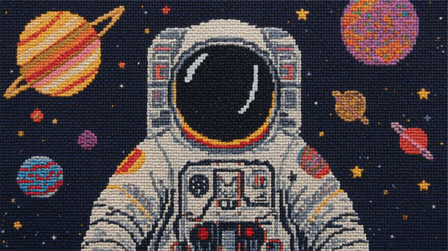 A creative pixel art style illustration featuring an astronaut floating in deep outer space surrounded by colorful planets and glowing stars.