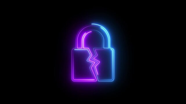 Broken padlock neon sign animation representing cybersecurity breach and data privacy failure