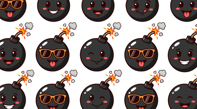 Cute cartoon bomb character seamless pattern on white background