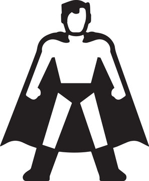 A stylized black and white graphic depicts a superhero figure standing strong with a cape billowing behind, symbolizing power and heroism.