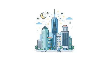 Obraz premium Modern City Skyline Illustration with Tall Skyscrapers and Night Sky