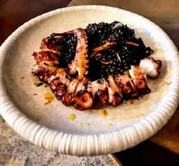 Grilled octopus tentacles with beluga black lentils, gourmet Mediterranean seafood appetizer, fine dining restaurant food photography © Ruby_Phan