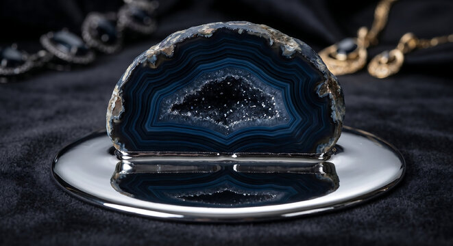 Natural blue agate geode slice on reflective silver pedestal, luxury crystal gemstone display, elegant mineral specimen with dark velvet background