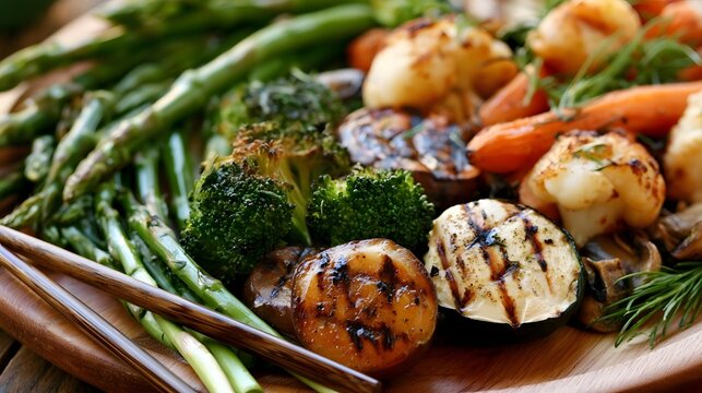 A delicious grilled vegetable platter is beautifully presented with chopsticks emphasizing fresh and healthy dining