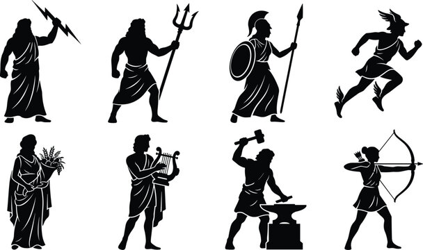 Collection of ancient Greek and Roman gods silhouettes featuring mythological deities with traditional symbols isolated on white background