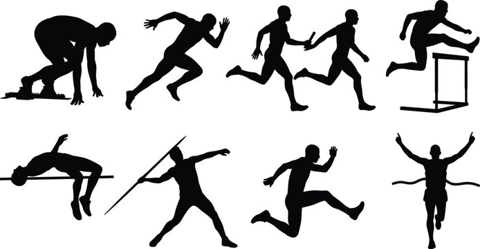 Collection of track and field athletes silhouettes including running relay hurdling high jump and javelin throwing isolated on white background