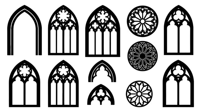 Set of gothic window and rose window silhouette vector icons