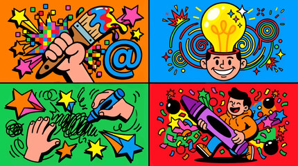 Obraz premium Four Panel Flat Vector Illustration of Creative Concepts: Painting, Lightbulb Idea, Drawing with Crayon, and Art Creation with Colorful Graphics and Symbols