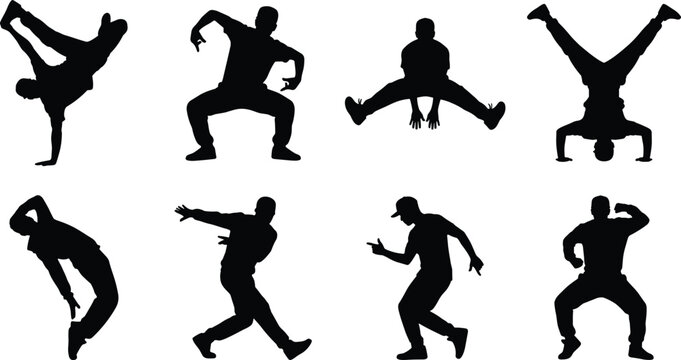 Collection of breakdance and hip hop dancer silhouettes performing energetic street dance moves isolated on white background
