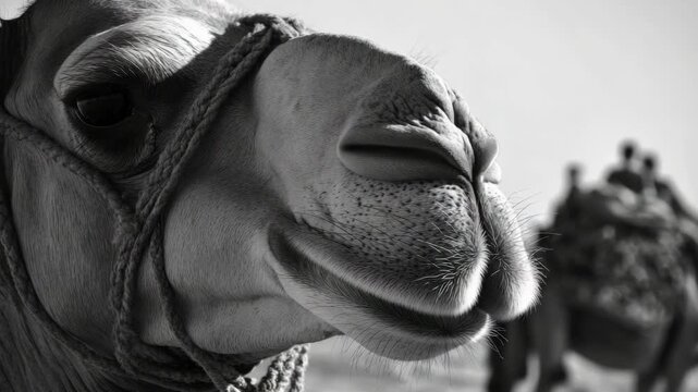 A camel in profile looking left, with desert travelers visible through a filter effect, suggesting an old or vintage .