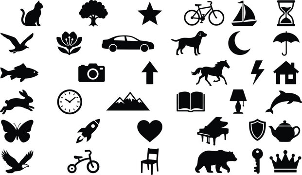 Editable icon set black silhouettes of various objects and animals for design and customization
