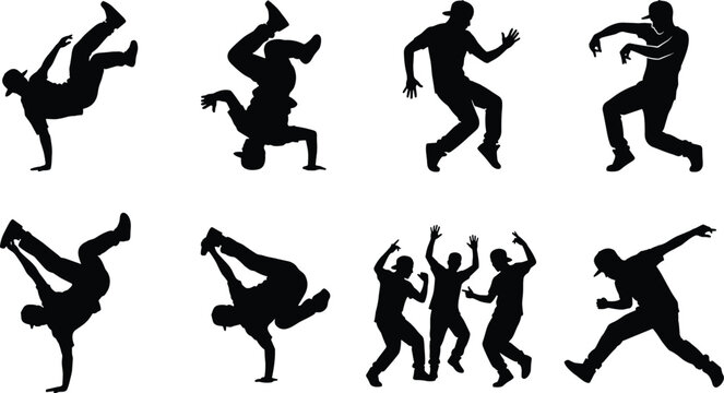 Collection of breakdance and hip hop dancer silhouettes performing energetic street dance moves isolated on white background