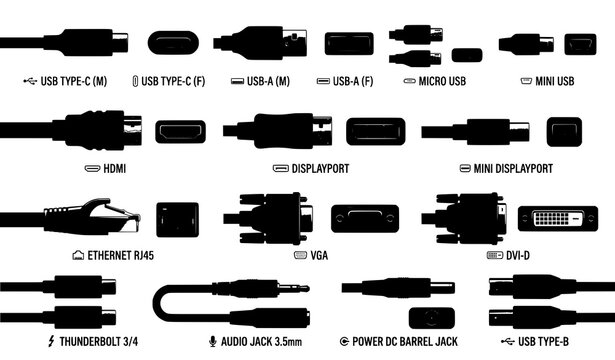Realistic computer connector vector set with USB HDMI Ethernet and hardware interface ports