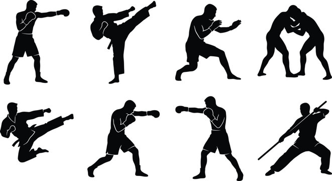 Collection of martial arts and combat sports silhouettes including boxing karate wrestling and self defense icons isolated on white background