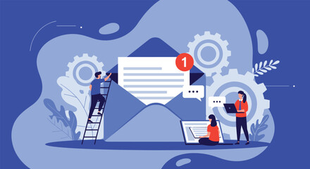 Obraz premium Digital communication and email marketing concept showing people managing a large envelope with new messages and spinning gears in the background.
