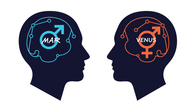Conceptual illustration showing two silhouettes with gender symbols and text for Mars and Venus representing psychological differences.