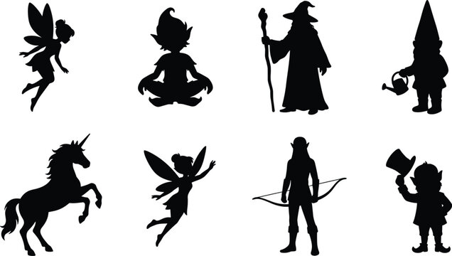 Collection of mythical fantasy creature silhouettes including fairies, wizard, unicorn, gnome, and elves isolated on white background
