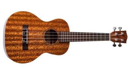 Obraz premium Isolated acoustic ukulele with beautiful natural wood grain texture, tropical Hawaiian string instrument