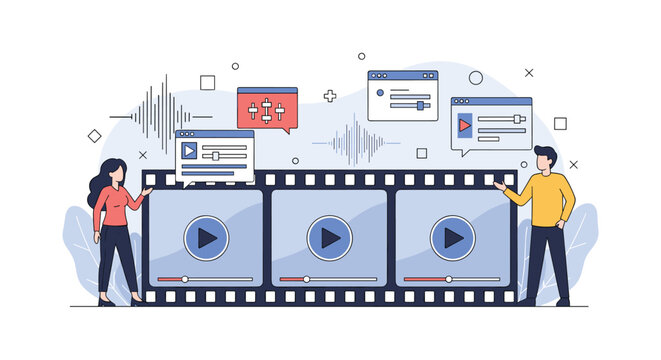 Video production and editing process concept showing a man and woman working on a film strip with multiple playback screens and audio waves.