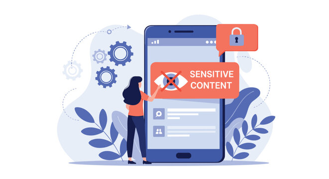Online safety and content moderation concept showing a woman looking at a sensitive content warning message on a large smartphone screen.