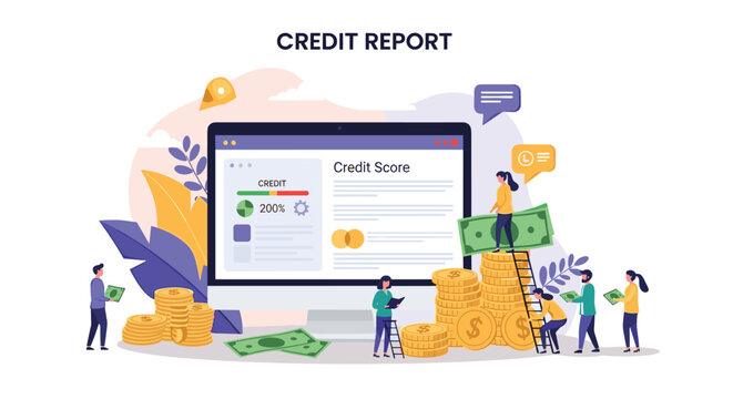 Financial credit score and report concept showing people stacking coins and bills around a large computer monitor displaying credit data.