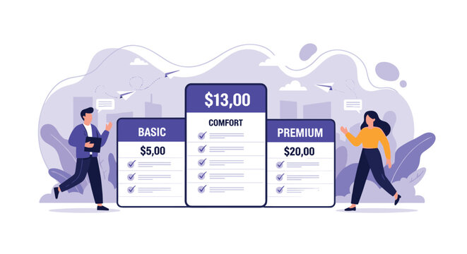 Service pricing and subscription plans concept showing three levels of basic comfort and premium options with people making a choice.