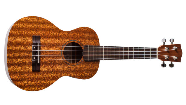 Isolated acoustic ukulele with beautiful natural wood grain texture, tropical Hawaiian string instrument