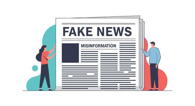 Media misinformation and fake news concept showing two people revealing a large newspaper with a bold fake news headline across the front.