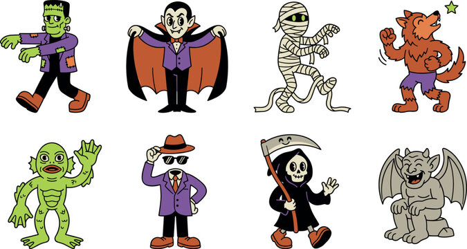 Vintage retro cartoon mascot characters 1930s rubber hose animation style Halloween monsters illustration set in image_bd6974.jpg