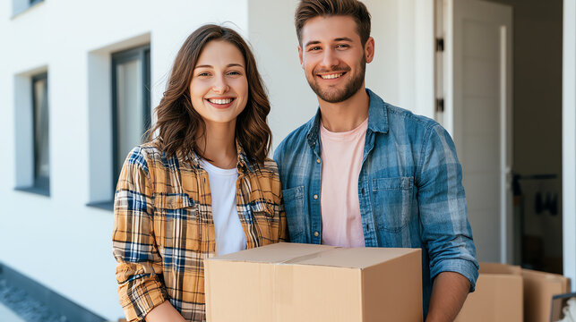 Couple smiling while holding moving boxes in front of their new home, representing a fresh start and adventure.