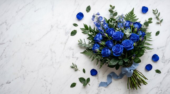 大理石の上の青いバラの花束と散る花びらトップビュー
