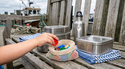 Obraz premium Reusable Beach Outing Kit on Harbor Bench with Collected Plastic Caps