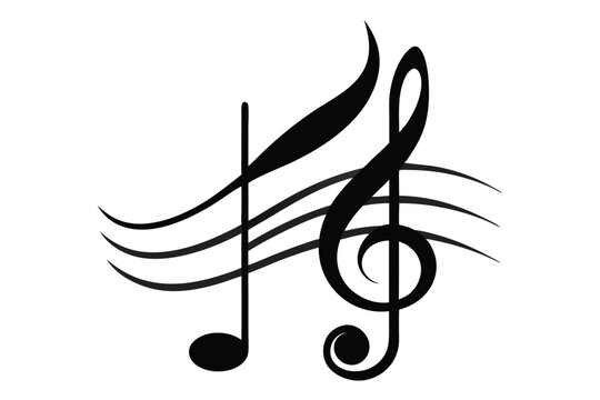 Minimalist black and white illustration of musical notes including treble clef and quarter note