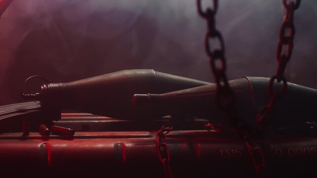 lateral tracking shot of bombshells, with chains in the foreground, and a red flashing light, like an alarm. smoke atmosphere, and kalashnikov