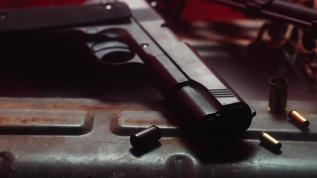 fixed shot of a pistol, warning light red