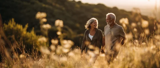 Smiling retired couple walking through golden grass field at sunset © pixelliebe
