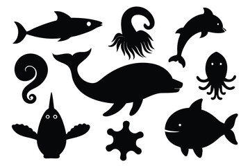 Black silhouettes of various marine animals including dolphins sharks and other sea creatures © Creative Graphic Des