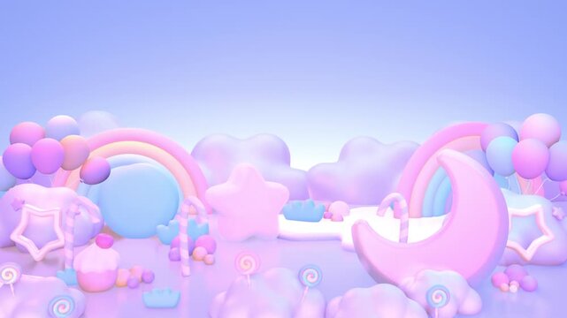 Dreamy pastel candy garden with rainbows, moons, balloons, candy canes, lollipop, cupcakes, and cream ponds animation. (loop)