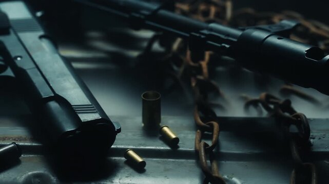 lateral tracking shot of a weapon arsenal, with red flashing light