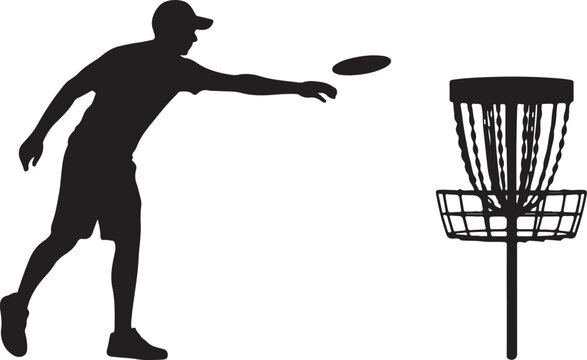 Person throwing frisbee at disc golf basket