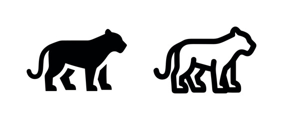 Panther or puma icon, minimalist vector illustration of a wild big cat silhouette in solid and outline styles. © liubomir118809