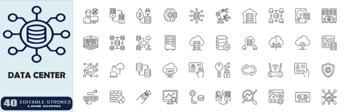 Data Center Line Icons Set &ndash; Server Rack, Cloud Computing, Database, Network Infrastructure, Cybersecurity, Storage, Hosting, IT Operations, Digital Technology, Vector Outline Collection