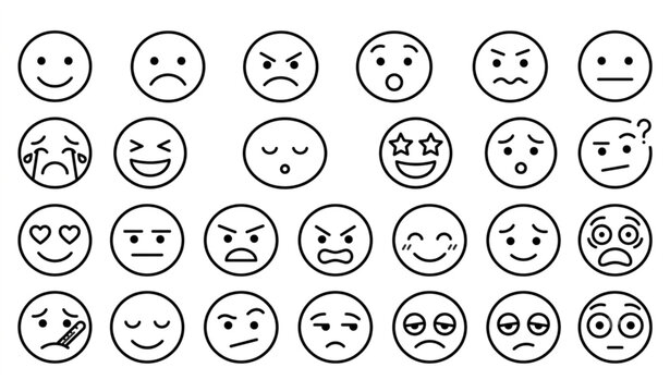 Set of Facial Expression and Emotion Icons, Outline Style