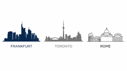 Obraz premium Flat Design City Skylines: Frankfurt, Toronto, and Rome Landmarks on White Background, Vector Illustration