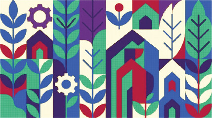 Fototapeta premium Vibrant abstract garden scene with houses and plants in bold colors